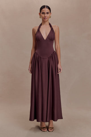 Angelina Scuba Halter Midi Suknelė - Šokoladas