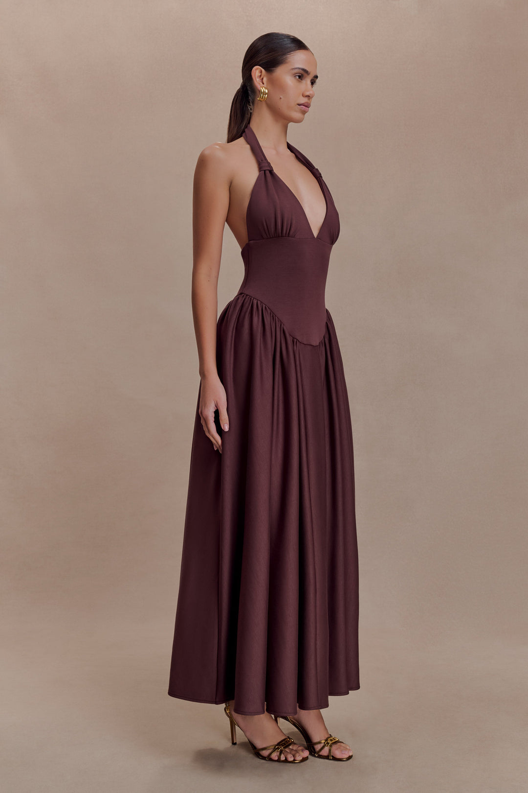 Angelina Scuba Halter Midi Suknelė - Šokoladas