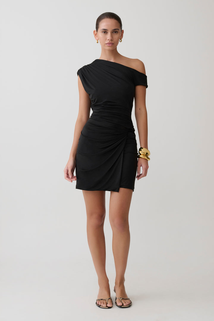 Alyn Off Shoulder Draped Mini Suknelė - Juoda