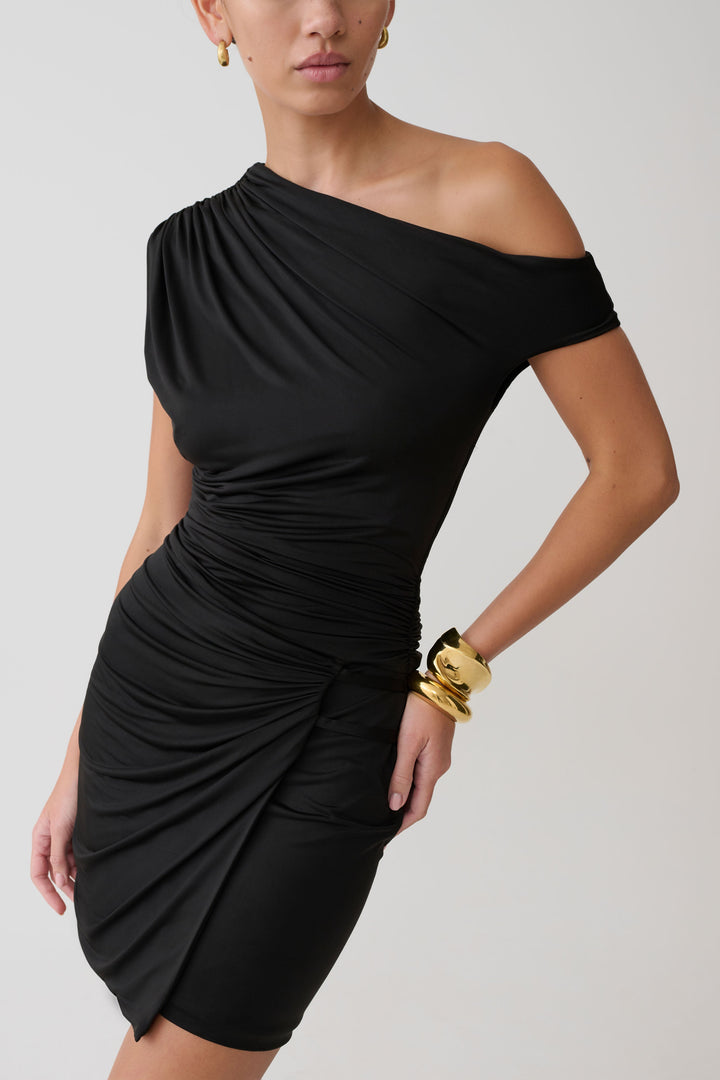Alyn Off Shoulder Draped Mini Suknelė - Juoda