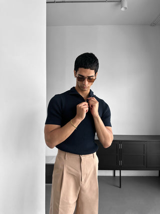 Lieknas Fit Mock Neck Zip T-shirt - Tamsiai Mėlyna