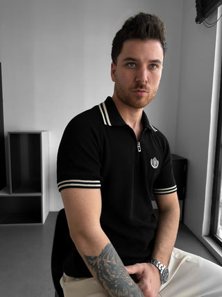Lieknas Fit Pusiau Užtrauktukas Siuvinėta Polo Marškinėliai - Juoda