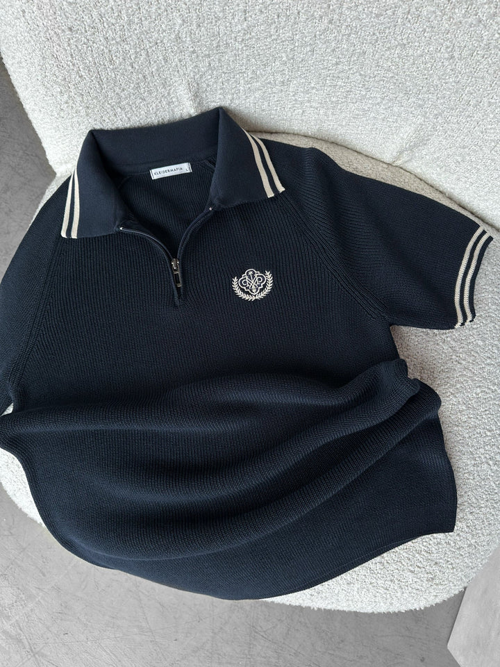 Lieknas Fit Pusiau Užtrauktuku Siuvinėtas Polo Marškinėliai - Tamsiai Mėlyna