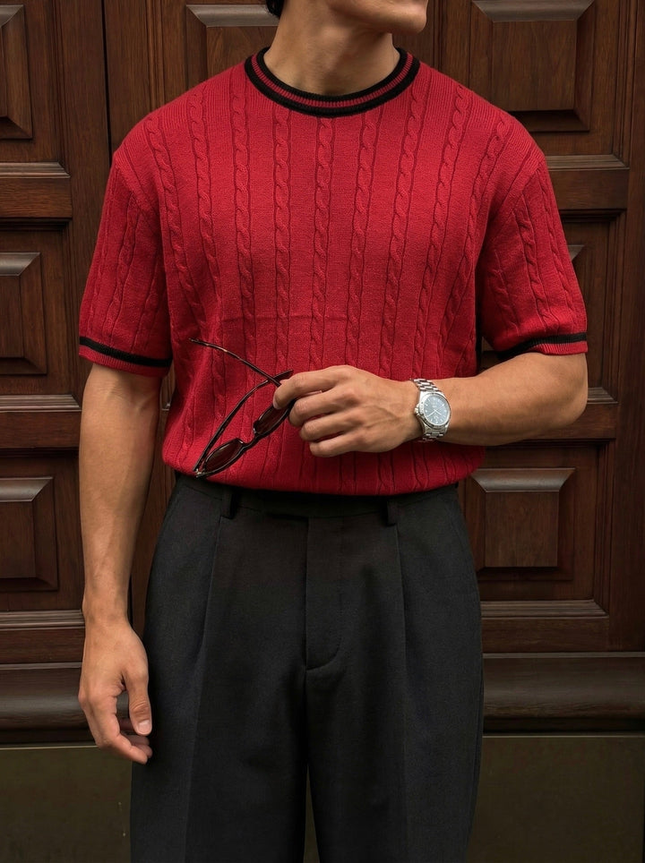 Reguliarus Fit Braid Trikotažo Marškinėliai - Bordeaux