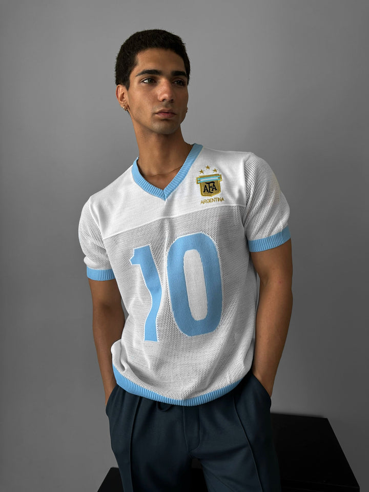 Per didelė Argentina megzta T-marškiniai - Balti