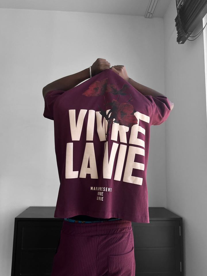 Oversize Vivre la Vie marškinėliai - Bordeaux