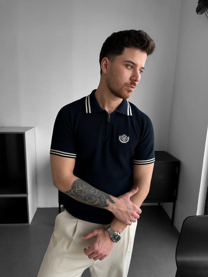 Lieknas Fit Pusiau Užtrauktuku Siuvinėtas Polo Marškinėliai - Tamsiai Mėlyna
