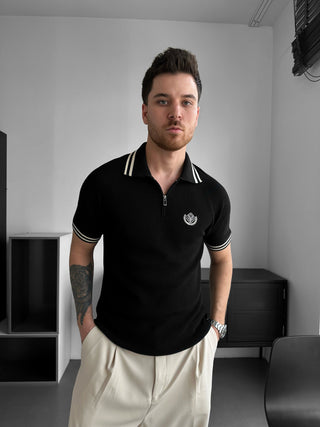 Lieknas Fit Pusiau Užtrauktukas Siuvinėta Polo Marškinėliai - Juoda