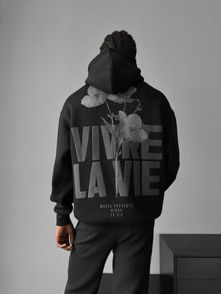 Oversize Vivre La Vie Hoodie - Juoda ir Pilka