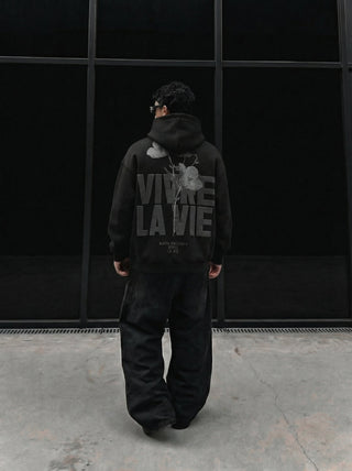 Oversize Vivre La Vie Hoodie - Juoda ir Pilka