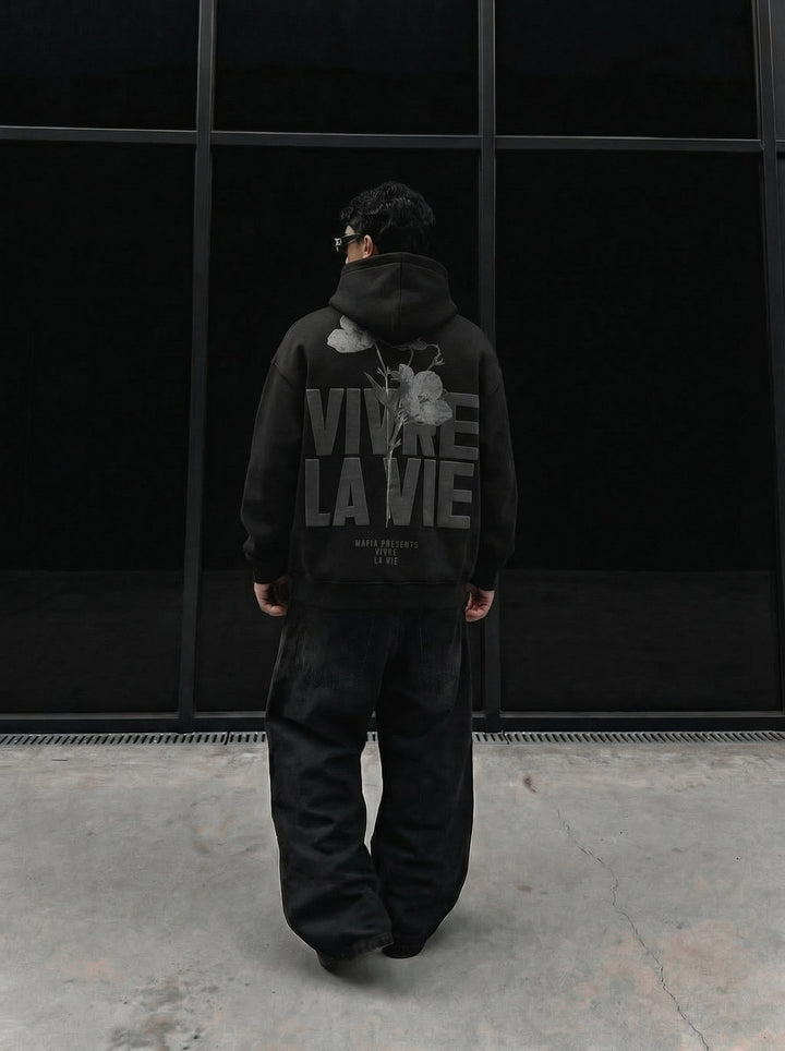 Oversize Vivre La Vie Hoodie - Juoda ir Pilka