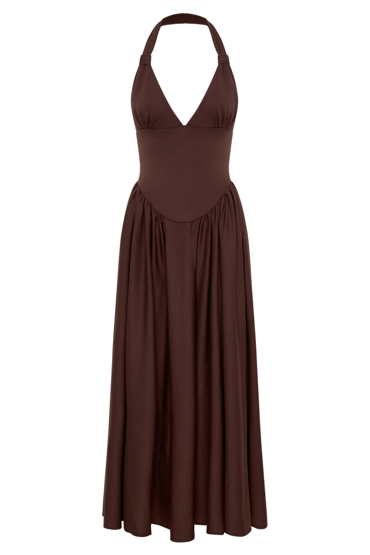 Angelina Scuba Halter Midi Suknelė - Šokoladas